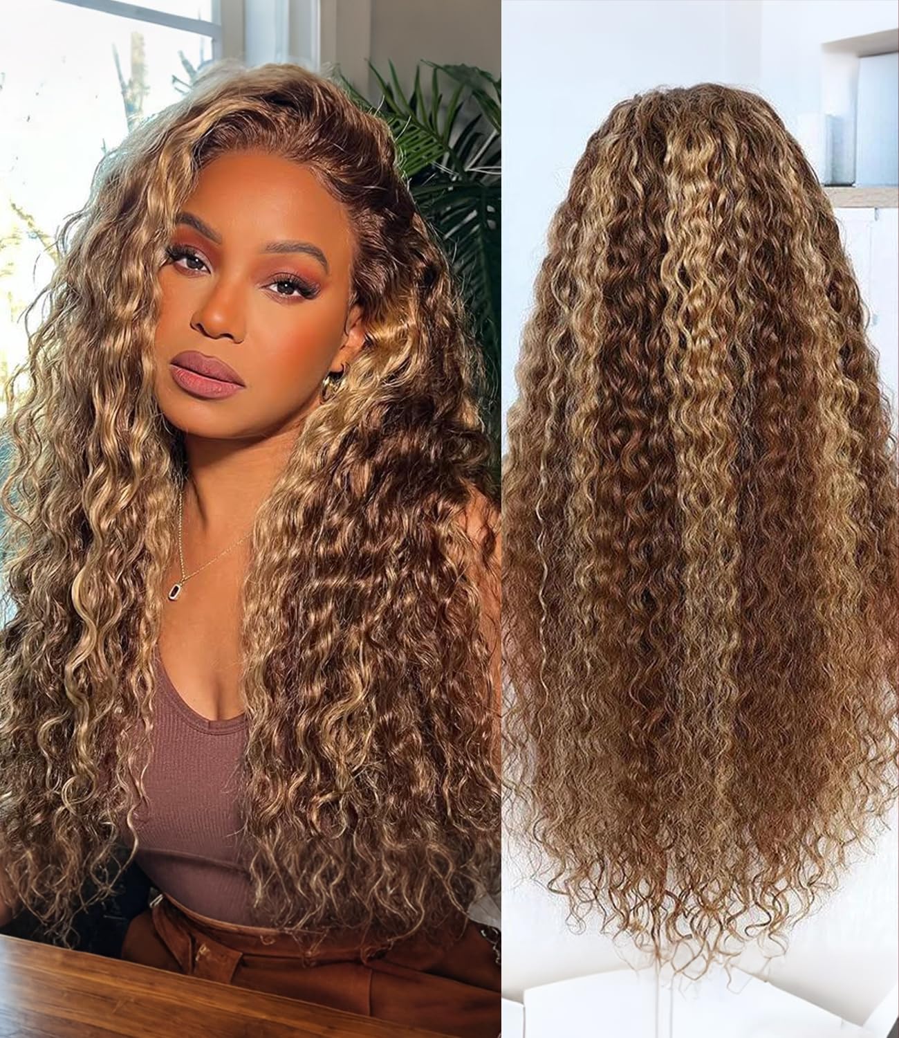 Glue-free, pre-cut, high-gloss, gradient deep wave lace front wig, 180mm density, 5x5mm HD lace closure, suitable for Black women, suitable for beginners, 24 inches.