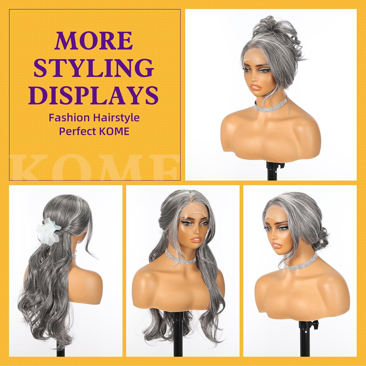 Grey synthetic lace wig, 13x4 high-definition lace long layered wave wig without glue, suitable for women's daily use, 26 inches (approximately 50.6 cm).