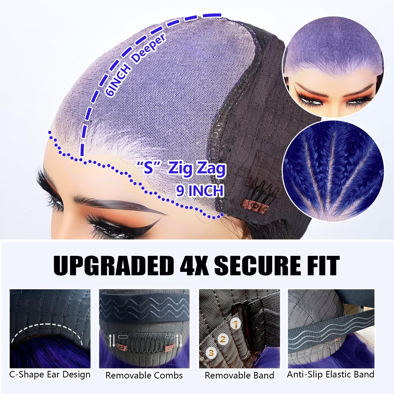 Blue glue-free wig, 200% real hair pre-plucked, dark blue wavy lace front wig, 9x6mm real hair pre-cut, HD transparent lace front colored wig, women's style, 20 inches.