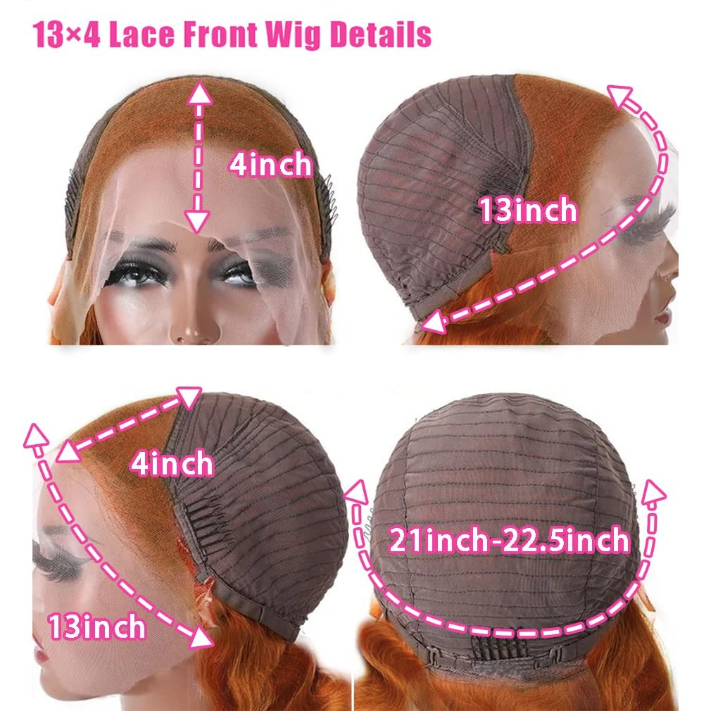 13x4 Deep Ginger Lace Front Wig, Real Hair, Wavy, Orange Ginger Brown, Brazilian HD Lace Front Wig, Glue-free, 150% Density, Pre-extracted Natural Hairline (18 inches (approx. 45.7 cm), Copper Brown)