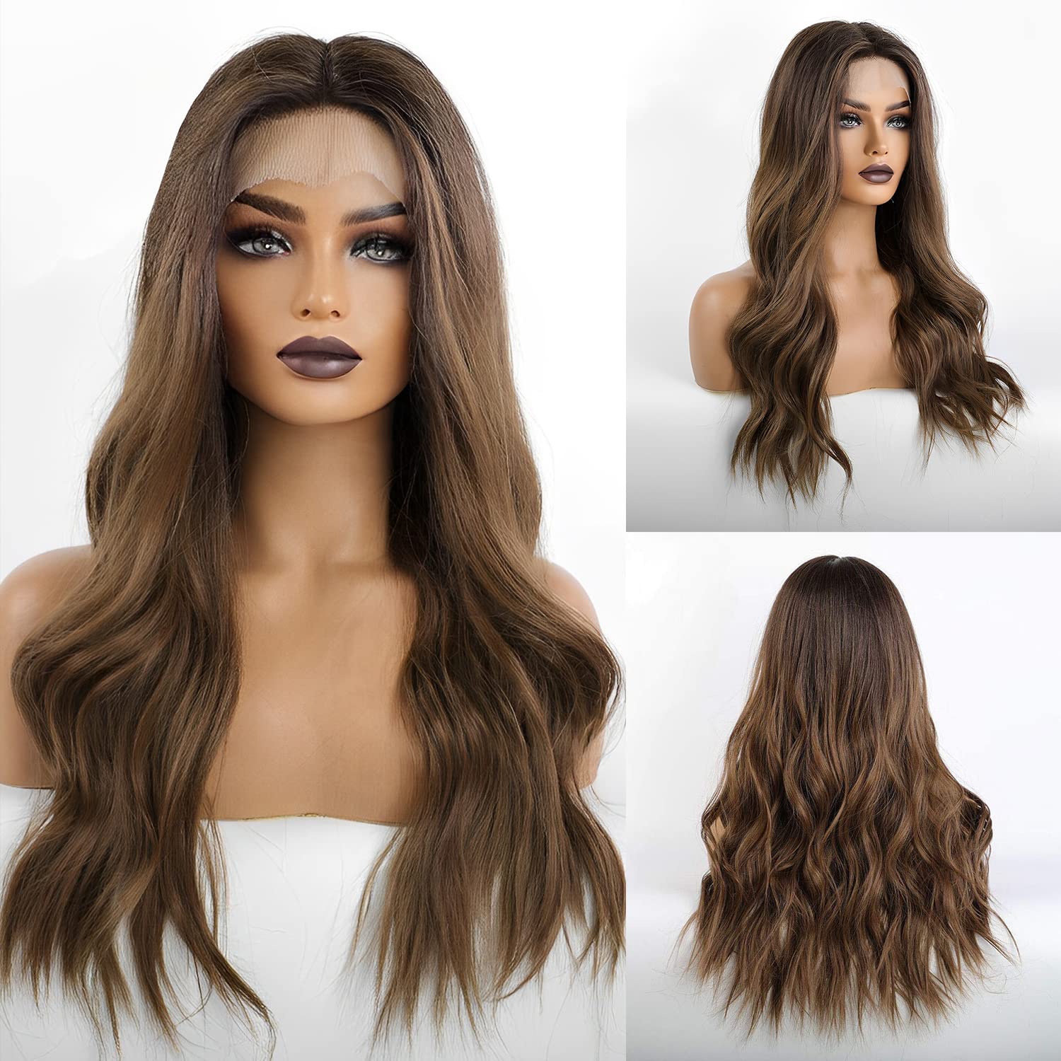 EMMOR Long Brown Lace Wig for Women, 25 Inches (Approx. 50.8 cm), Natural Wavy Synthetic Wig, Mid-Length, Everyday Hair, Hand-Tie/Long-Lasting/Lightweight