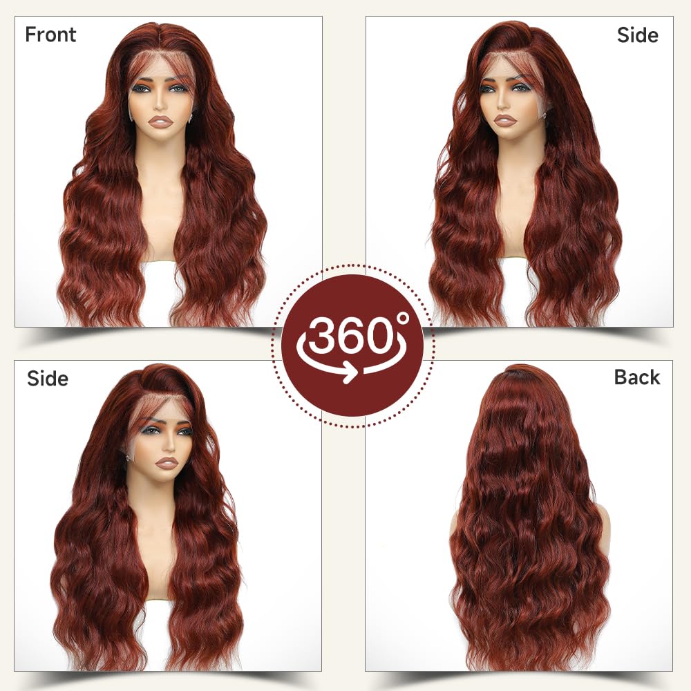 Reddish-brown lace front wig, 28 inches (approx. 50.8 cm), pre-drawn 200% density body wave HD lace front wig, includes baby glue-free wig.