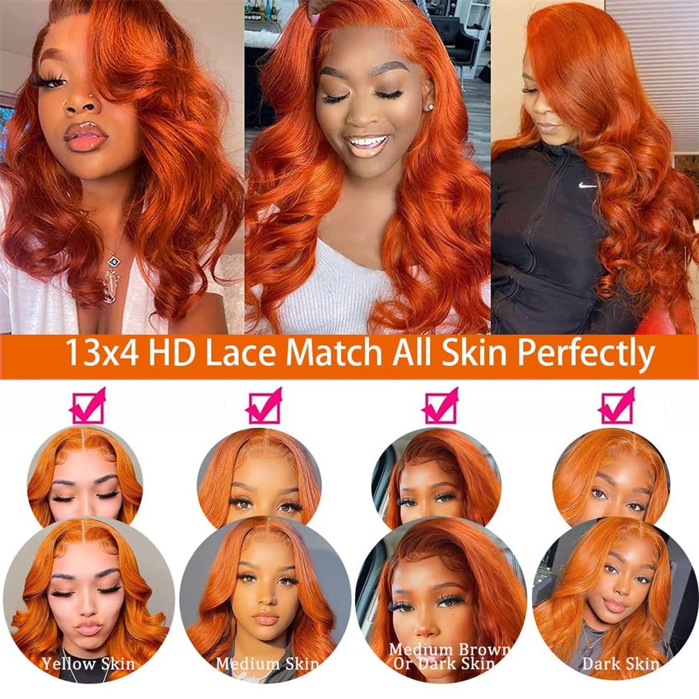 Ginger Orange Front Lace Wig, Pre-Pulled and Ready to Wear, 13x4 HD, Glue-Free, Body Wavy Ginger Lace Front Wig, Women's Natural Look, Synthetic Heat-Resistant Fiber Ginger Wig (26 inches (approx. 50.6 cm), Ginger Orange)
