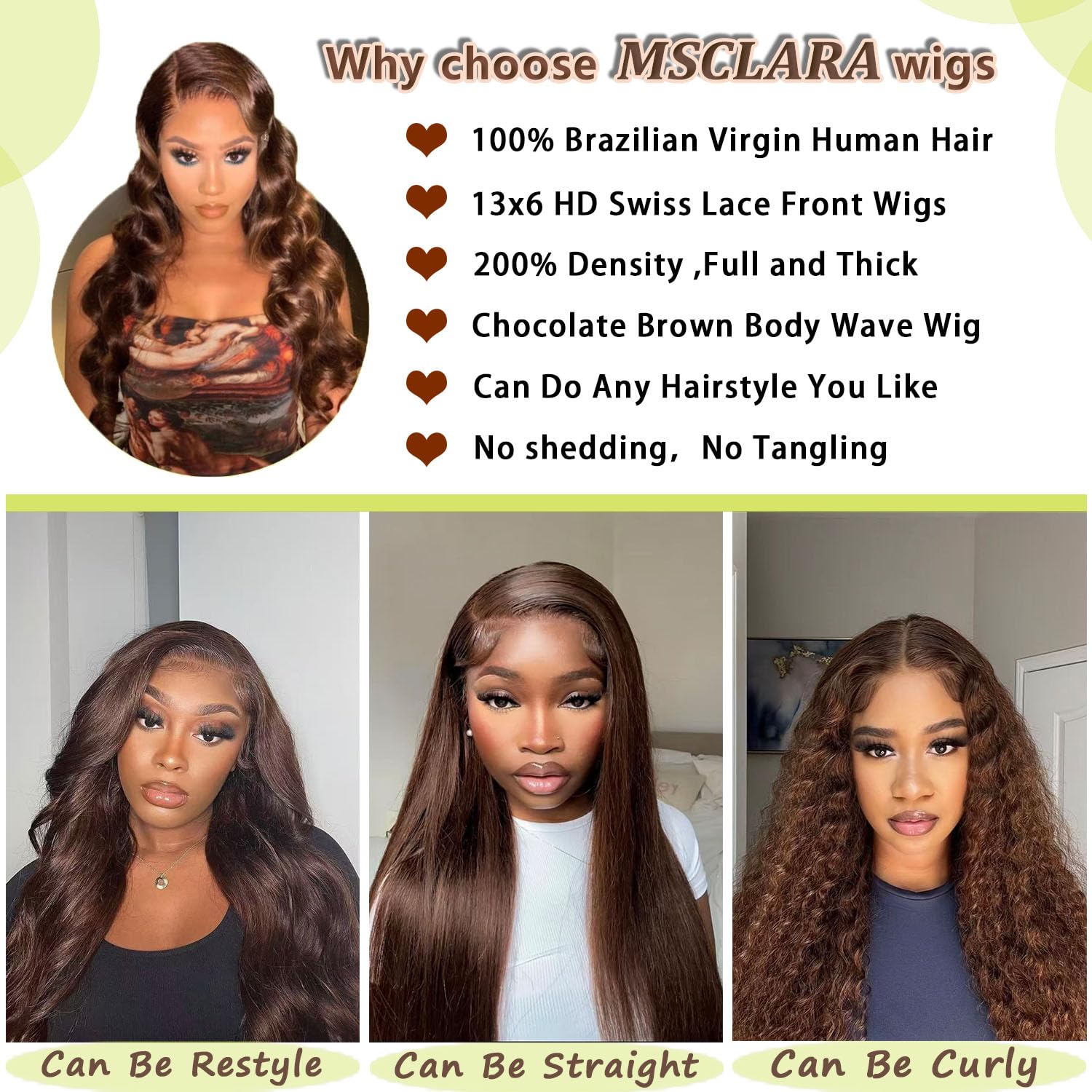 13x6 High Definition Lace Front Hair Stranded Real Hair Wave 200% Density Pre-Pulled Brown Wig, Chocolate Brown Lace Front Wig, 24 Inches (Approx. 60.0 cm), Women's Style