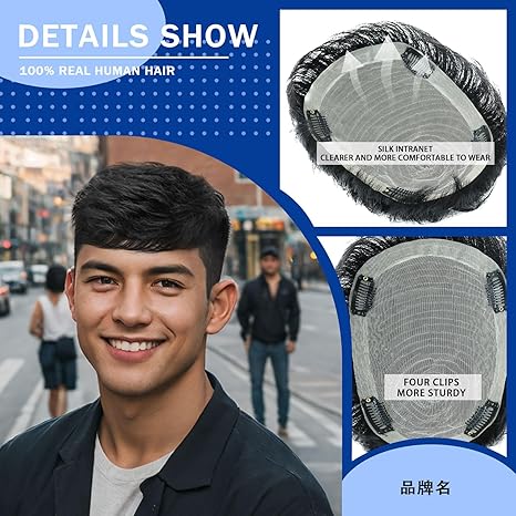 Toupee Men's Real Hair Black Wig, Short, Straight, Fluffy, Realistic, Thin-Film, Suitable for Men, Party Attire, Black