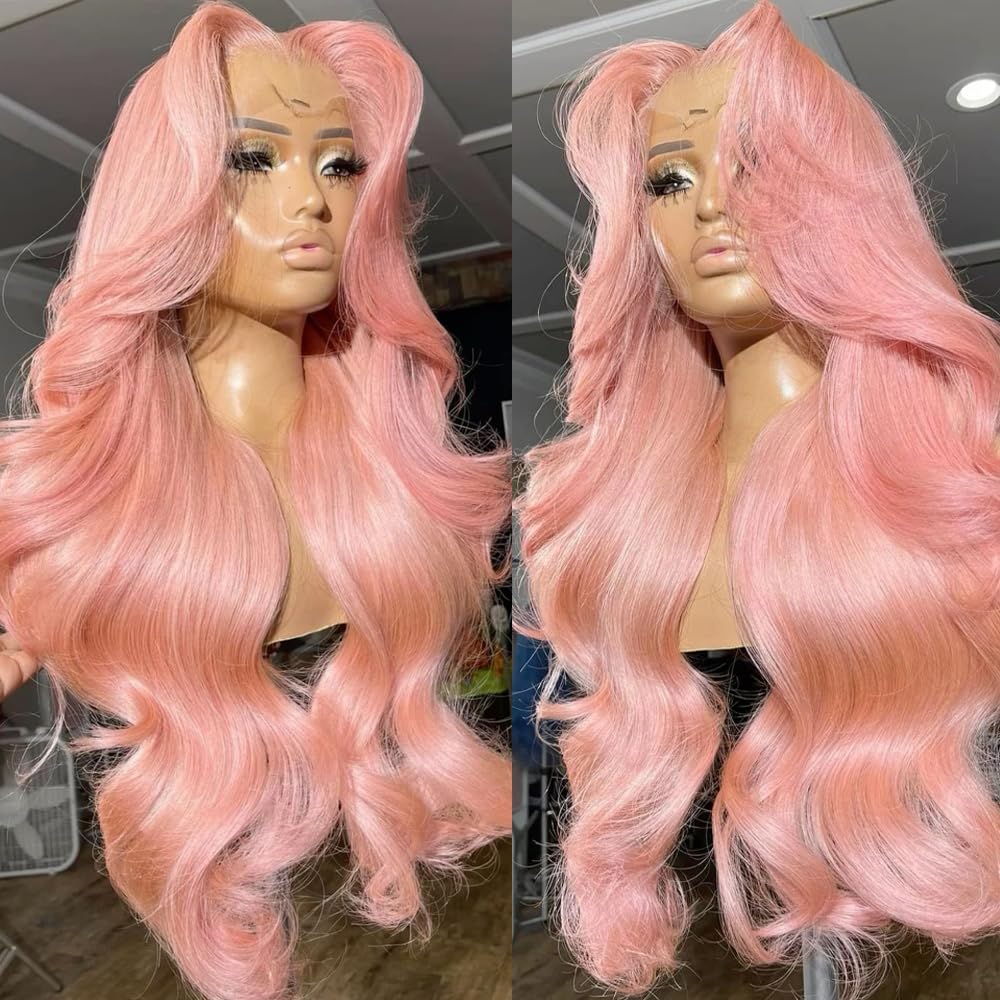 ANDRIA 13x4 High Definition Lace Front Wig 28 Inch (Approx. 50.8 cm) Pink Wavy Long Lace Front Wig, Pre-Pulled Hairline, Synthetic Lace Front Wig with Baby Hair, Heat-Resistant Fiber Wig for Women