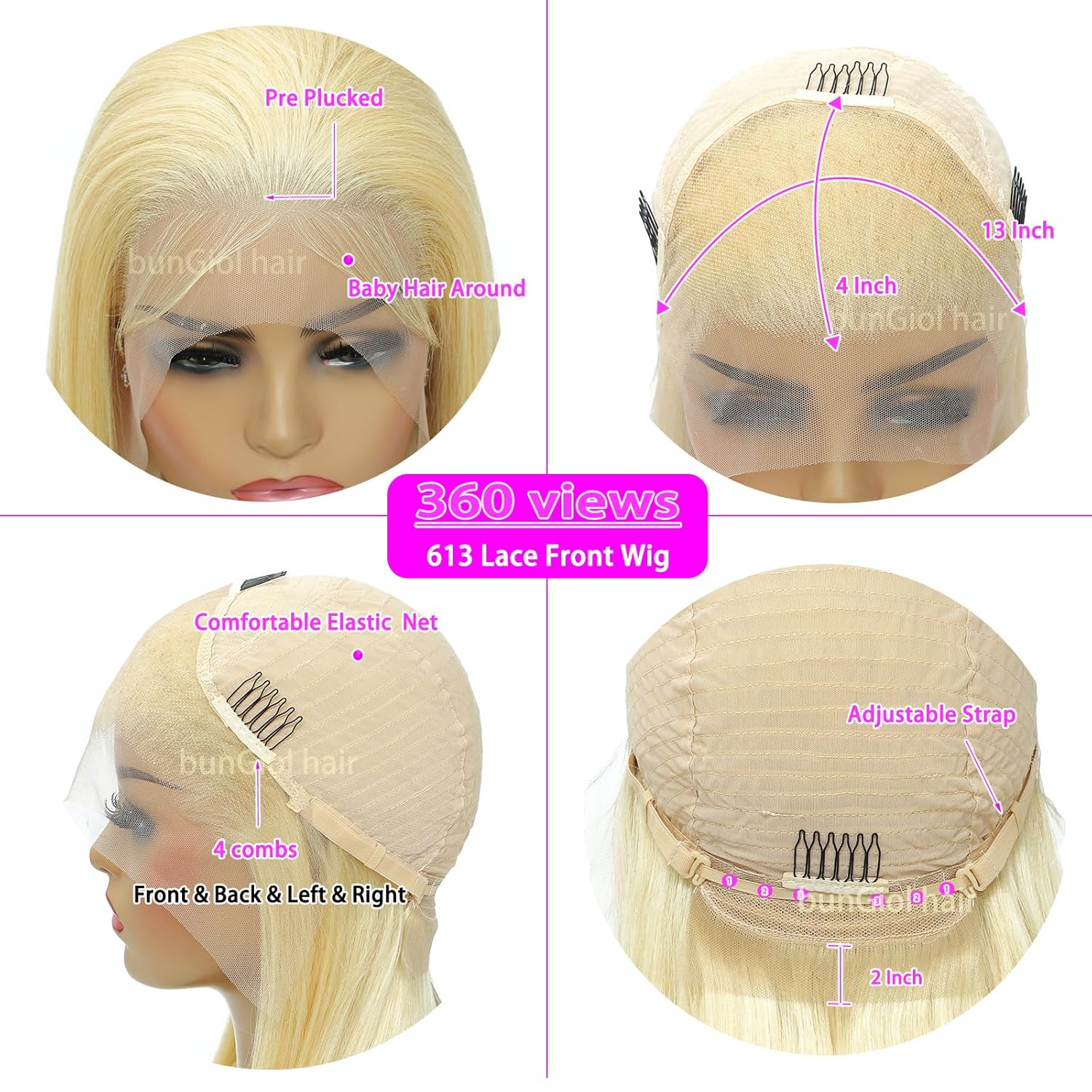 bunGiol 613 Blonde Lace Front Wig, Real Hair, 13x4mm, High-Definition Transparent Wig, 180% Density, 28 Inch (Approx. 28 cm), Brazilian Glue-Free Straight Lace Front Wig, Real Hair, Pre-Pulled Baby Hair, Bleached and Knotted.