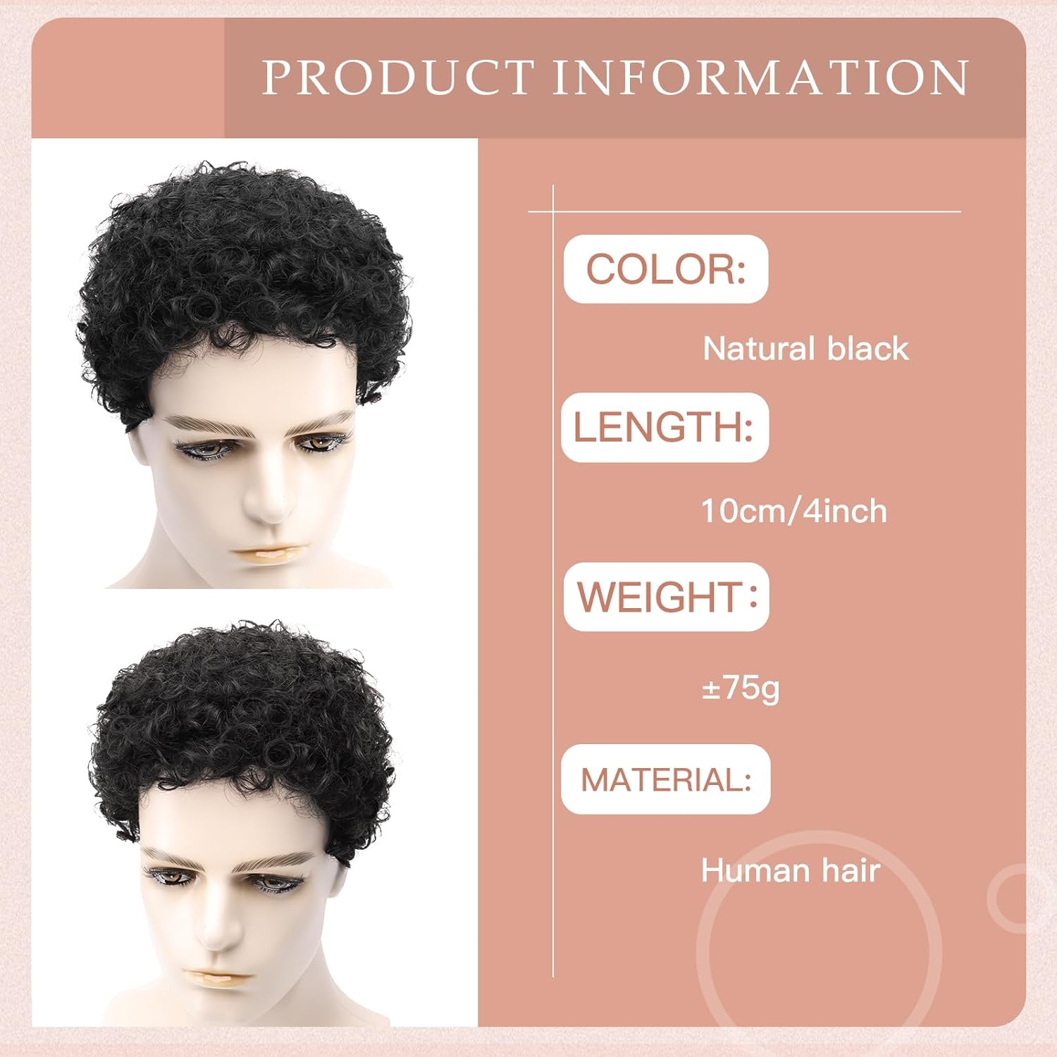 Men's Full Head Wig with Real Hair, Curly Wig, Short Curly Hair, Fluffy and Realistic Curly Strands, Thin Skin, Daily and Party Men's Wig (Black)
