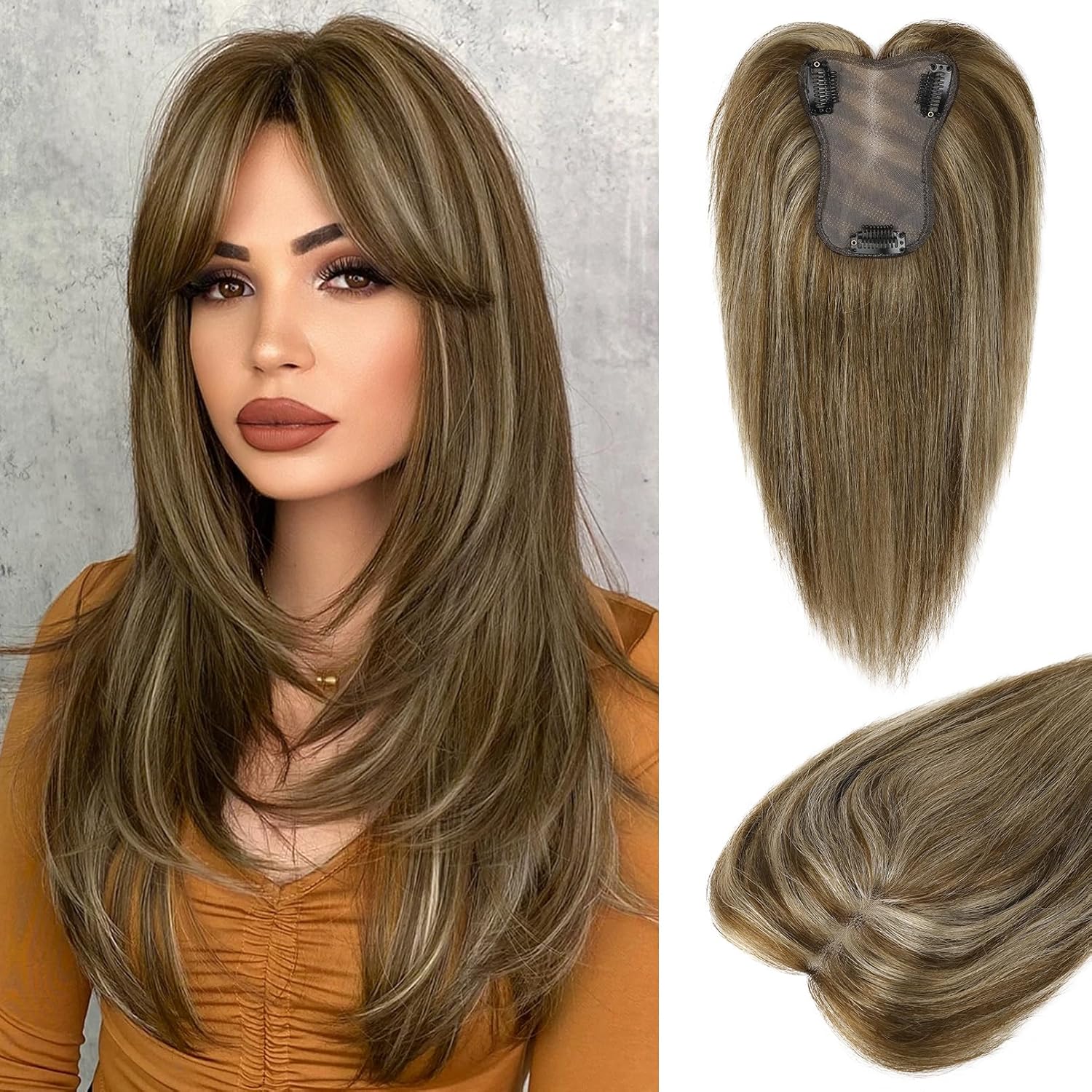 LONAI Human Hair Accessory, 10-inch 100% Human Hair Accessory, suitable for thinning hair, large hand-woven area covers natural hair accessory, women's everyday wear, 5 inches x 3.5 inches (approx. 12.7 x 8.9 cm), silk base, chocolate brown, gold.