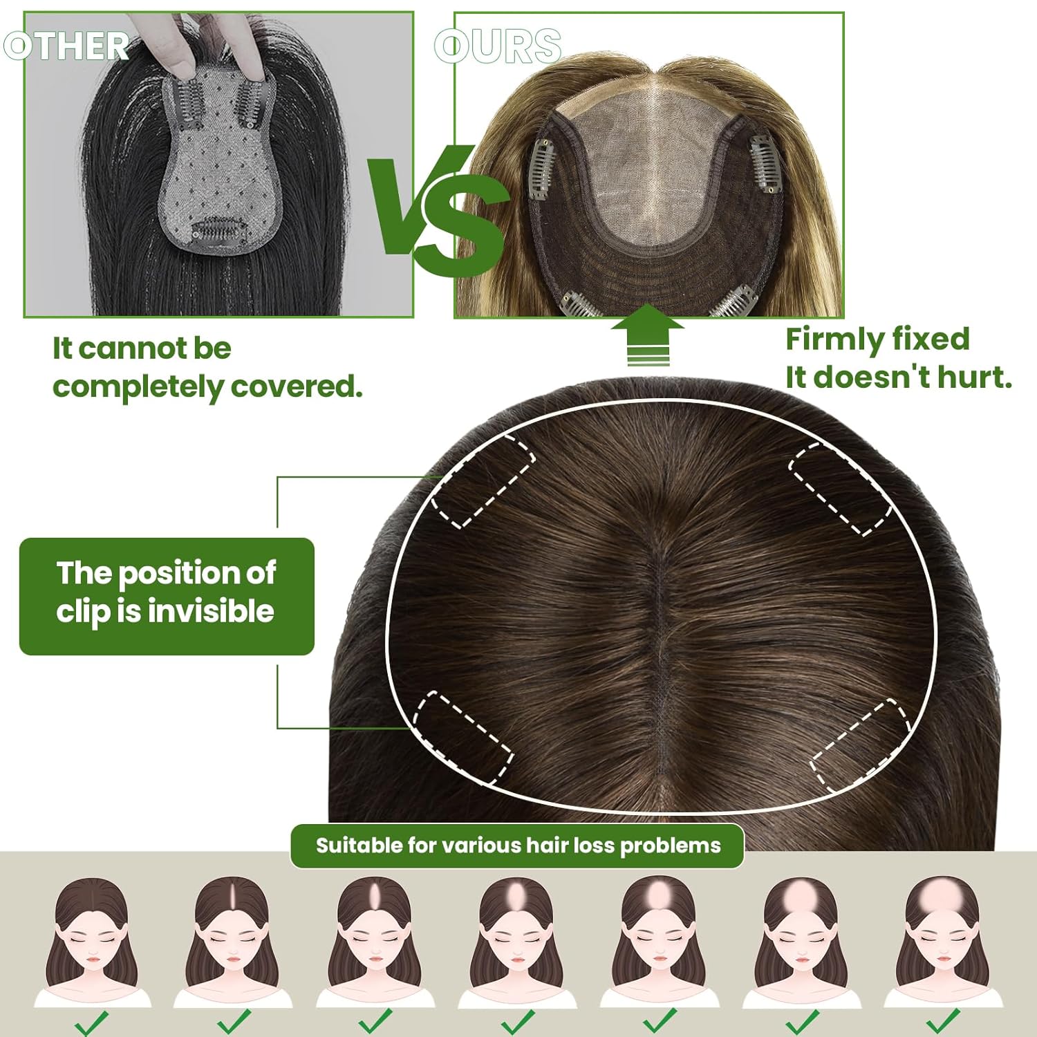 Women's hair accessory, made with realistic human hair, 150 density, 6 x 7 inches (approx. 15.2 x 17.8 cm), 12-inch base (approx. 30.5 cm), 55 grams, golden brown caramel gold hair with sparse hair cover, grey roots (#102727 12 inches).