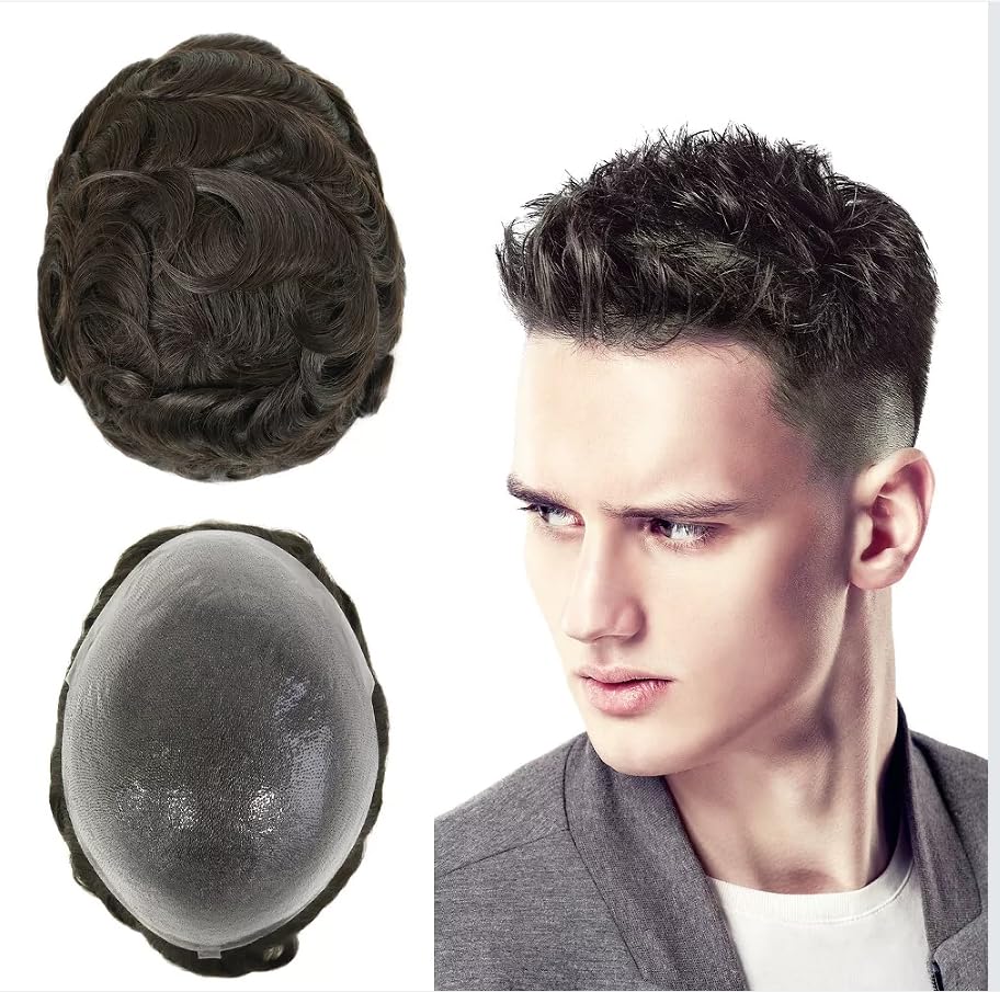 Toupee Men's Ultra-Thin Skin V-Shaped Hairband, Toupee All Polymer PU Human Hair Accessory, 8 x 10 inches (approx. 20.3 x 25.4 cm), Men's Wig (#1B Natural Black)