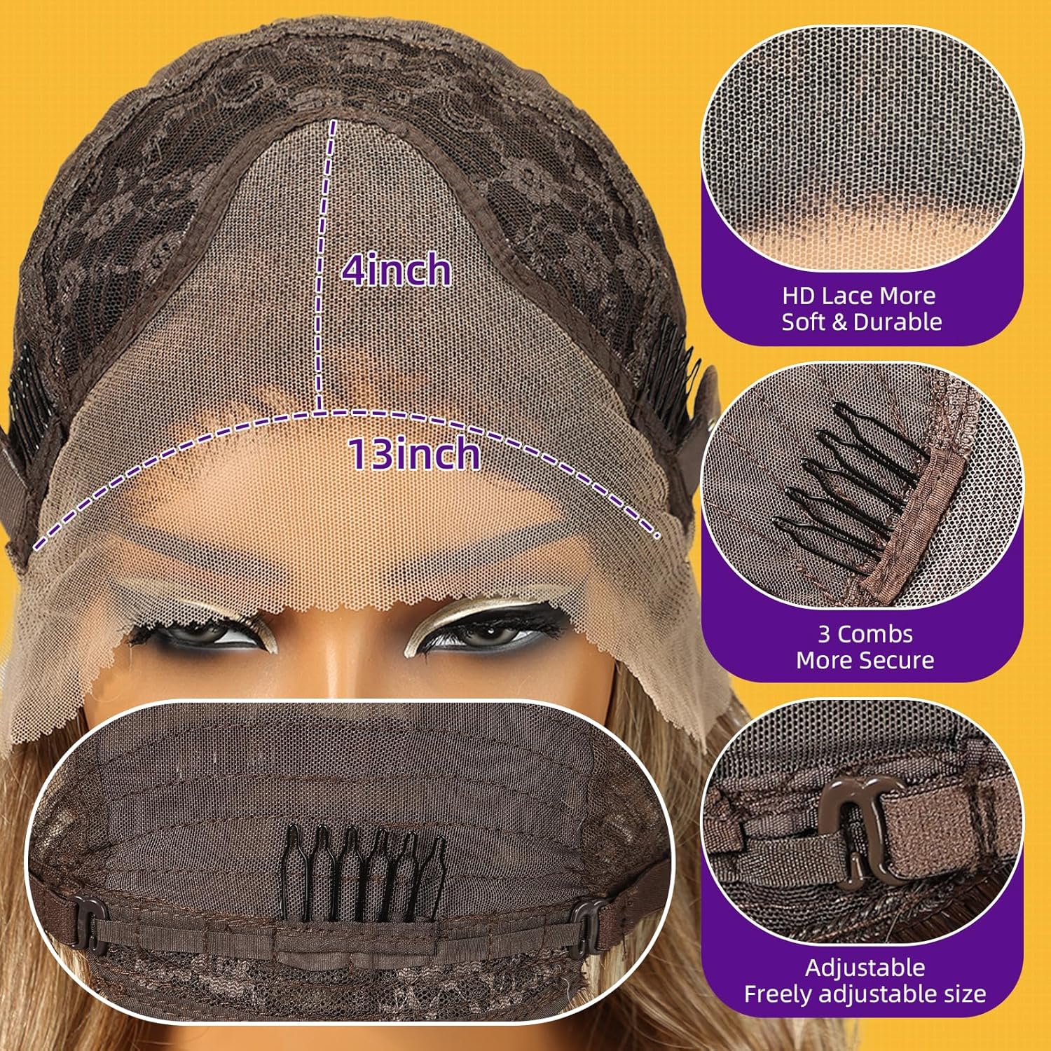 Grey synthetic lace wig, 13x4 high-definition lace long layered wave wig without glue, suitable for women's daily use, 26 inches (approximately 50.6 cm).