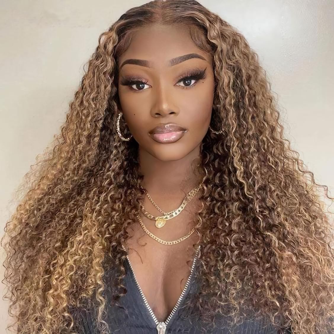 Gradient highlight wearable and glue-free wig, curly, 4/27 honey blonde glue-free wig, real hair pre-plucked and pre-cut, 6x4 high-definition lace front wearable wig 200% density 24 inches (approx. 60.0 cm)