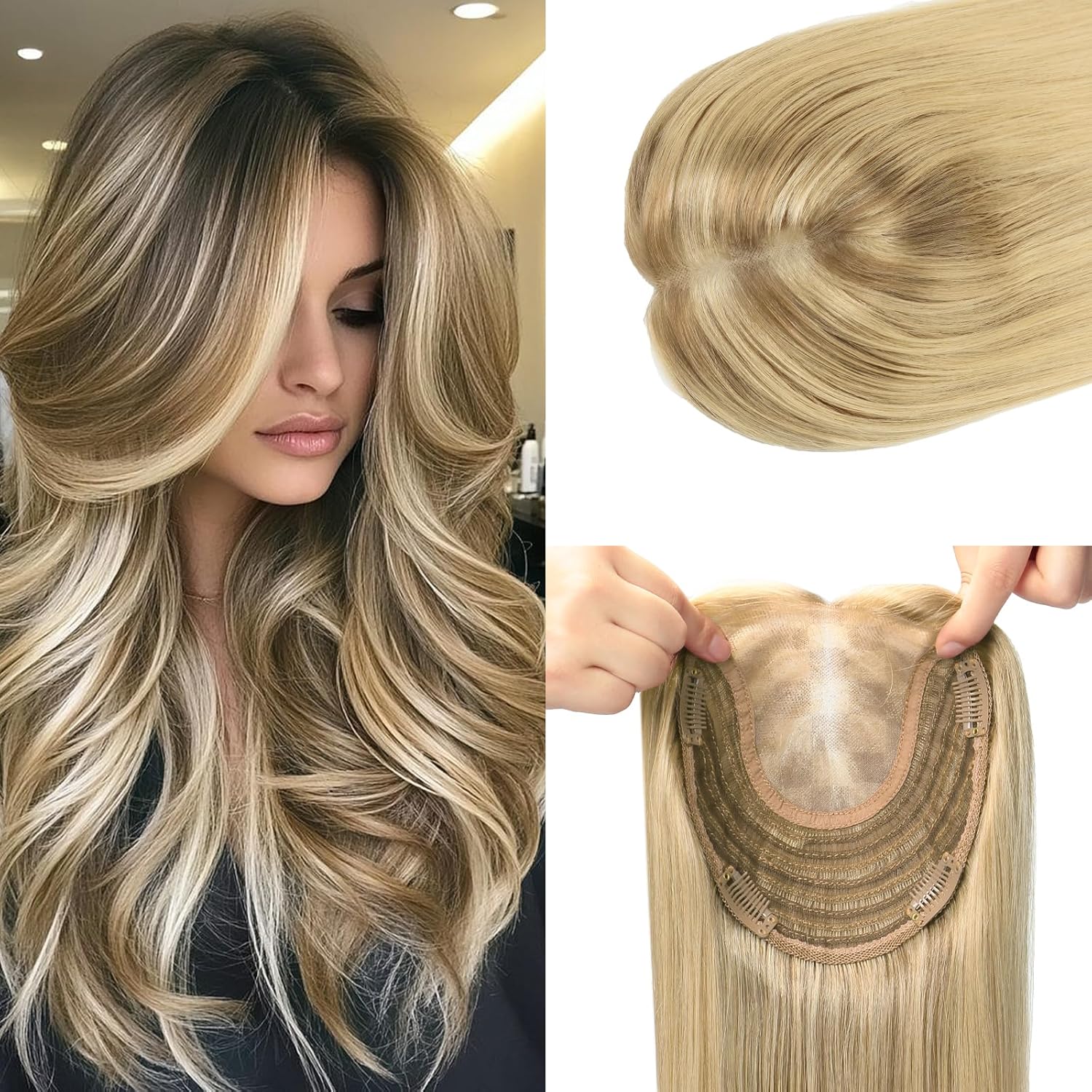 Women's hair accessory, made with realistic human hair, 150 density, 6 x 7 inches (approx. 15.2 x 17.8 cm), 12-inch base (approx. 30.5 cm), 55 grams, golden brown caramel gold hair with sparse hair cover, grey roots (#102727 12 inches).