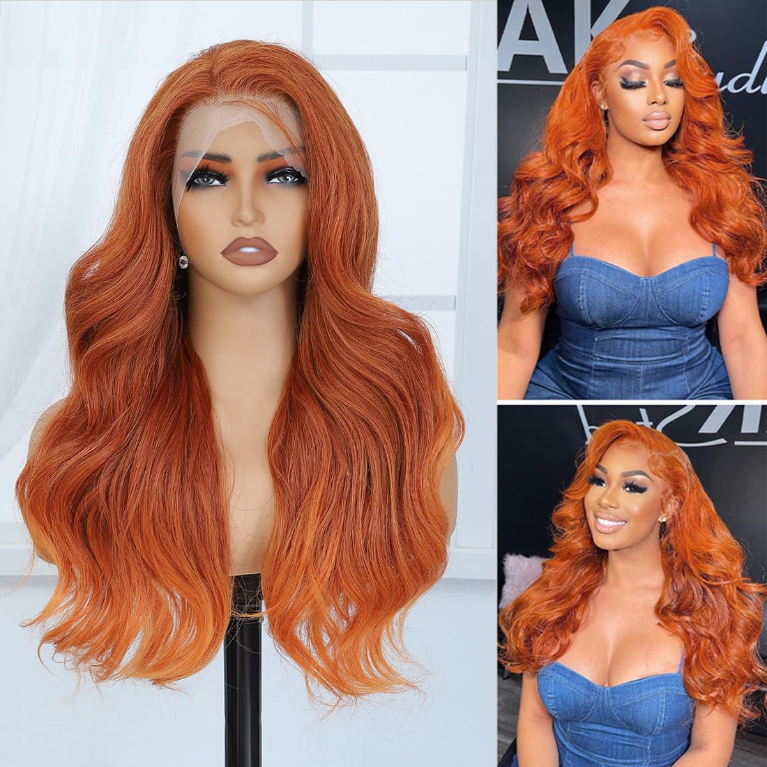 Ginger Orange Front Lace Wig, Pre-Pulled and Ready to Wear, 13x4 HD, Glue-Free, Body Wavy Ginger Lace Front Wig, Women's Natural Look, Synthetic Heat-Resistant Fiber Ginger Wig (26 inches (approx. 50.6 cm), Ginger Orange)