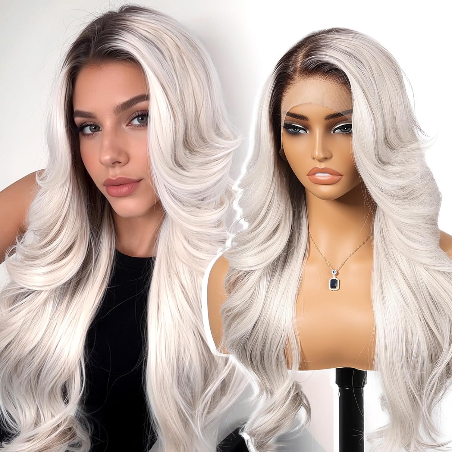 Platinum blonde synthetic lace wig, 13x4 high-definition lace layered wave wig without glue, suitable for women's daily use, 26 inches (approximately 50.6 cm).