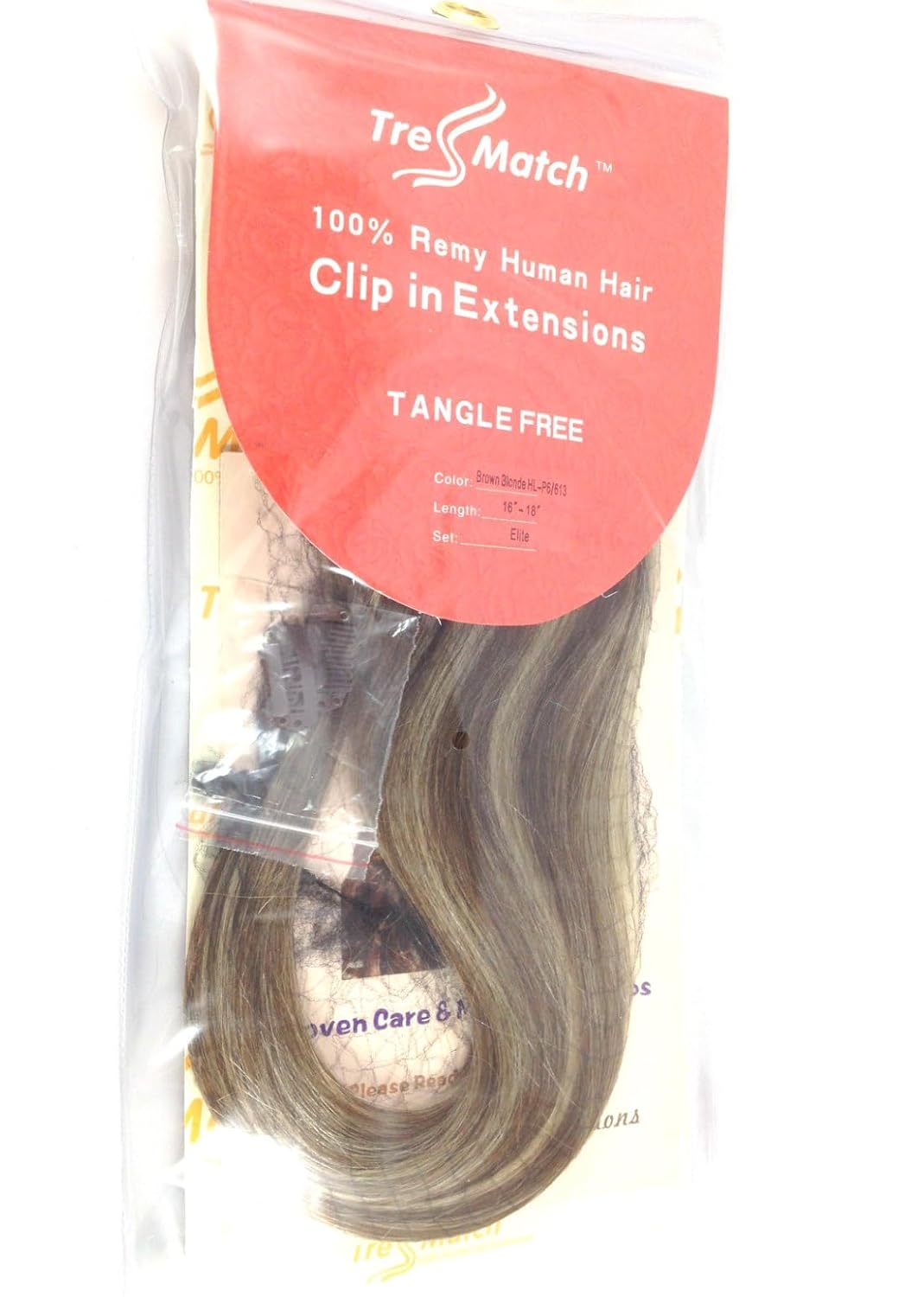 Tressmatch 40.6cm-45.7cm Remy Real Hair Hair Clip, Brown/Gold Highlights (Color #6/613), Thick 9-Piece Set [Set Weight: 122.9g/1]