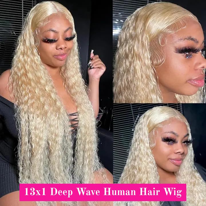 Golden real hair wig, 613 13x6 HD transparent lace front wig, 613 lace front wig, 180% density 30 inches (approx. 76.2 cm) deep wave golden lace front wig, pre-plucked baby hair.