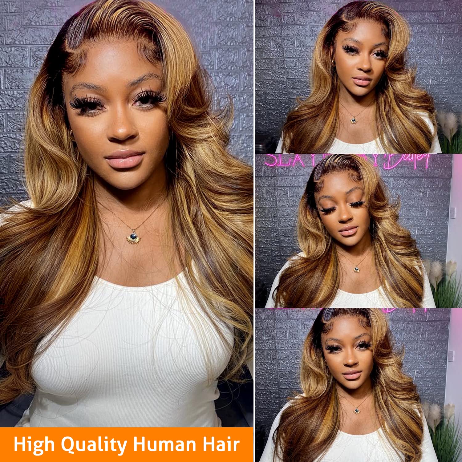 28-inch (approx. 28 cm) high-gloss gradient lace front wig, 13x6 body wave front wig, pre-harvested baby hair, 180% density 4/27 colored honey gold wig, suitable for women.