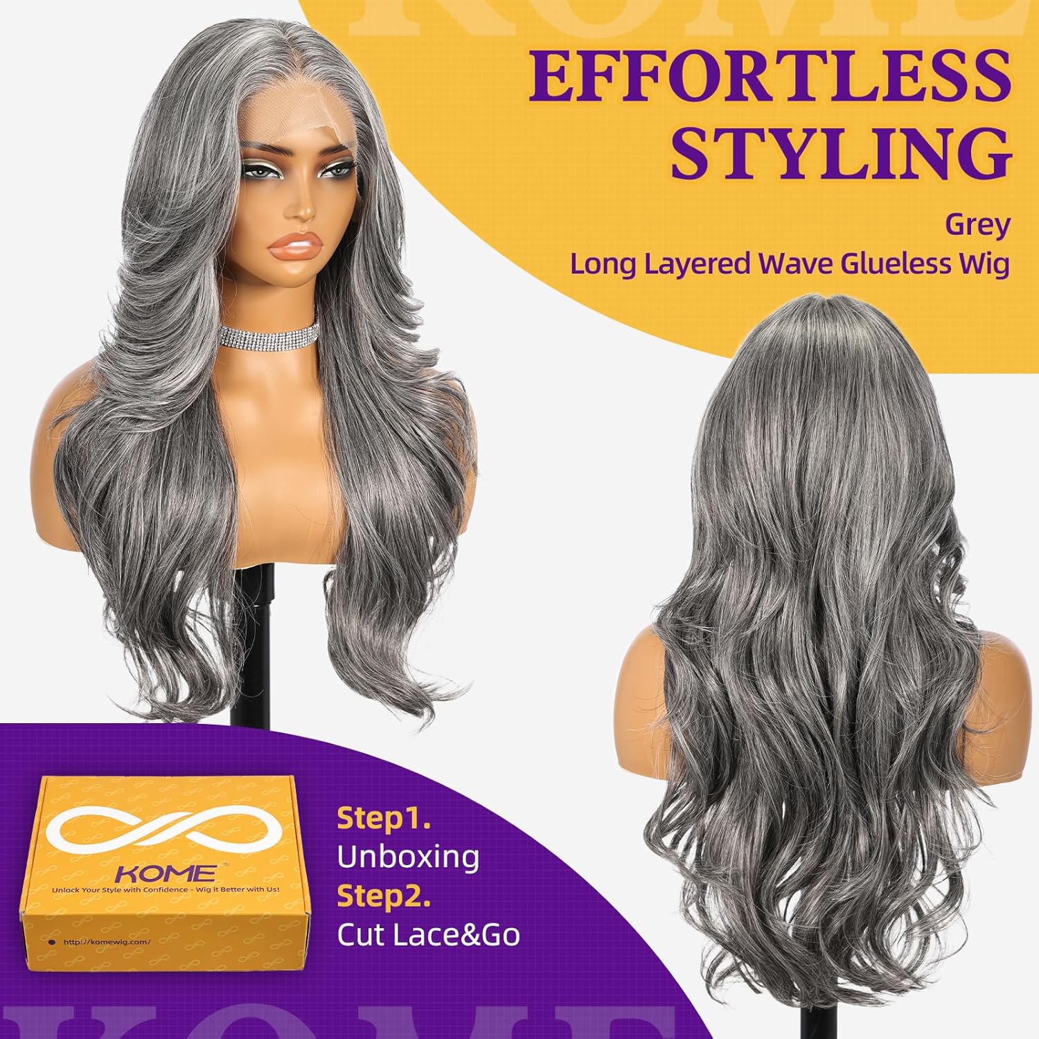 Grey synthetic lace wig, 13x4 high-definition lace long layered wave wig without glue, suitable for women's daily use, 26 inches (approximately 50.6 cm).