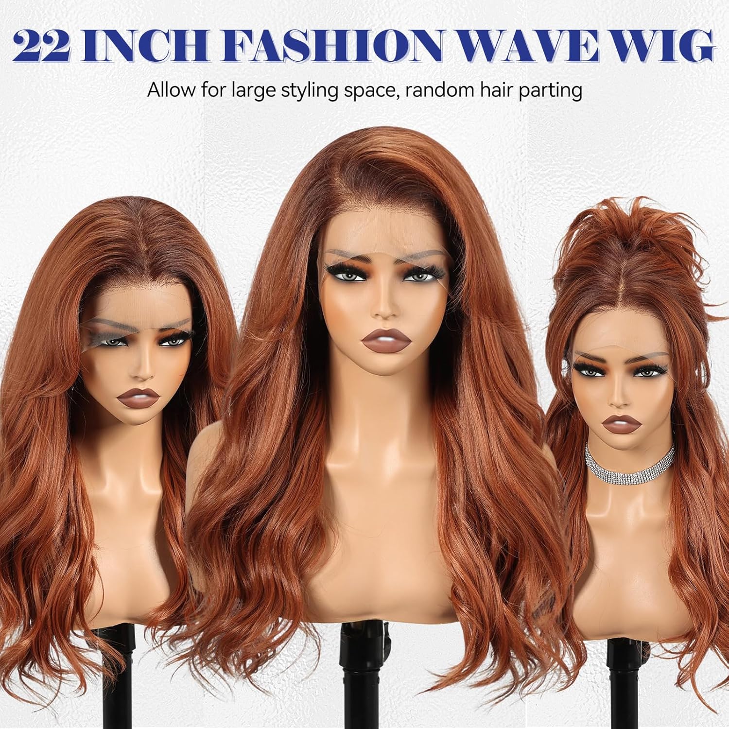 HAIRCUBE 13x6 High Definition Lace Front Wig, 22 Inch (approx. 22 cm), Auburn Long Wave Layered Glue-Free Wig, Suitable for Women, Natural Look for Everyday Wear.