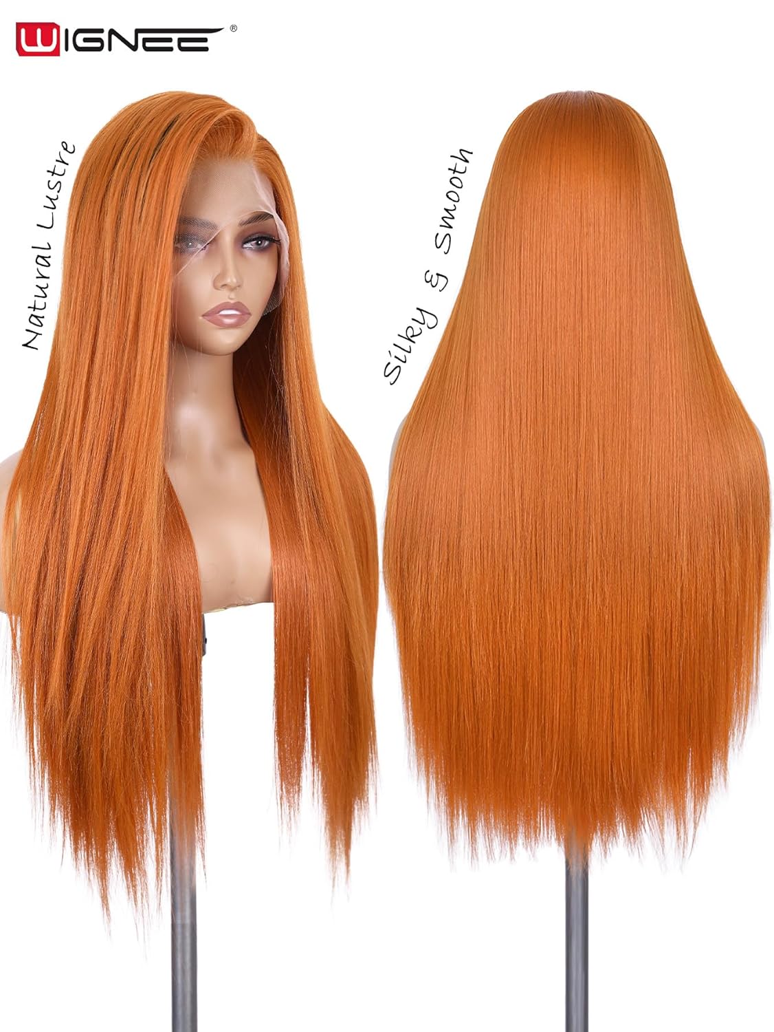 WIGNEE 13x6 Synthetic Lace Front Wig, Pre-Pulled Synthetic Straight Wig, 28 Inch (Approx. 71.1 cm), Volumizing Ginger Lace Front Wig, with Kanekalon Futura Hair