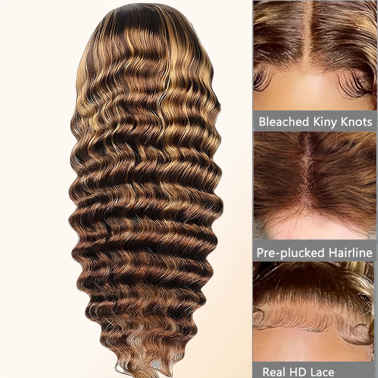 NVL Lace Front Wig, Real Human Hair Pre-plucked Baby Hair 200 Density 13x4 HD Transparent Straight Lace Front Wig, Suitable for Women, Real Hair, No Glue (4/27 High Gloss Deep Wave Lace Front Wig, 22 inches)