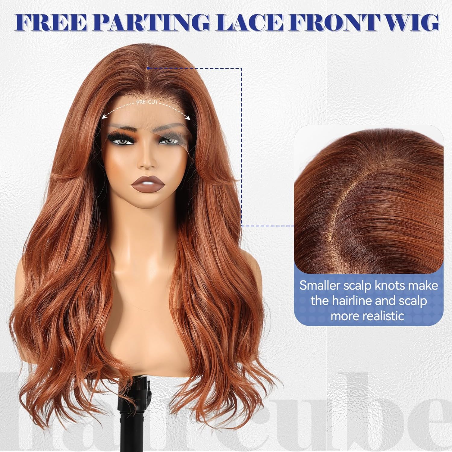HAIRCUBE 13x6 High Definition Lace Front Wig, 22 Inch (approx. 22 cm), Auburn Long Wave Layered Glue-Free Wig, Suitable for Women, Natural Look for Everyday Wear.