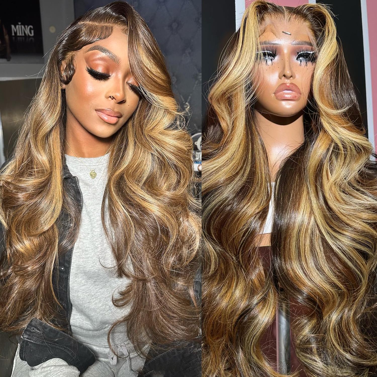 28-inch (approx. 28 cm) high-gloss gradient lace front wig, 13x6 body wave front wig, pre-harvested baby hair, 180% density 4/27 colored honey gold wig, suitable for women.