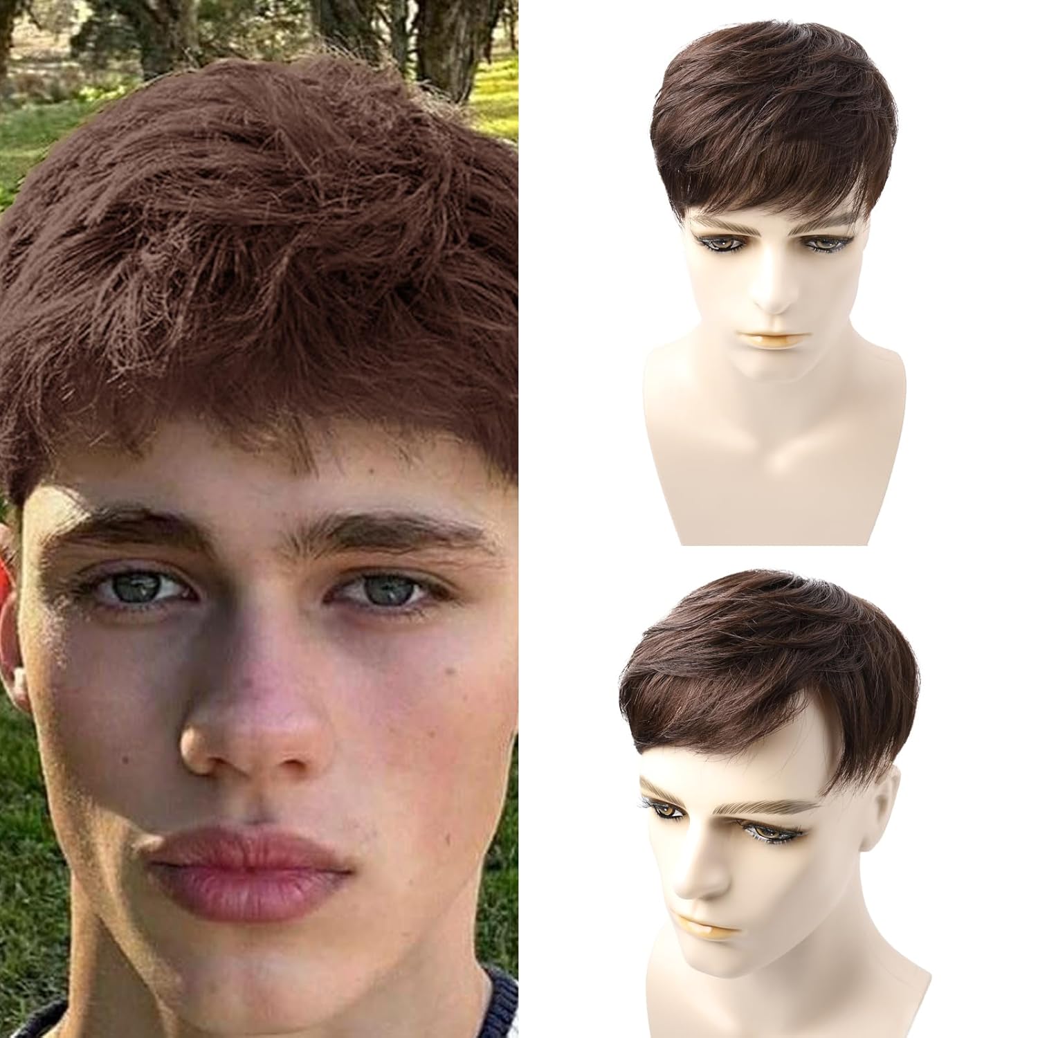 Toupee for Men Human Hair Men‘s Black Wig Short Straight Fluffy Realistic Hair Wig Thin Skin Daily Party Costume Wigs for Male Guy (dark brown)。