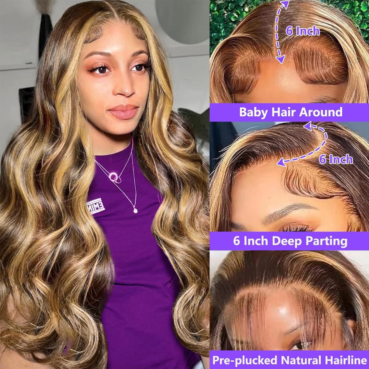 26-inch (approx. 50.6 cm) Honey Gold Gradient Lace Front Wig, Real Hair, Highlighting Body Waves, 13x6mm, Lace Front Wig, Real Hair, Pre-Pulled, 180 Density, HD, Glue-Free Front, 4/27, Highlighting Wig