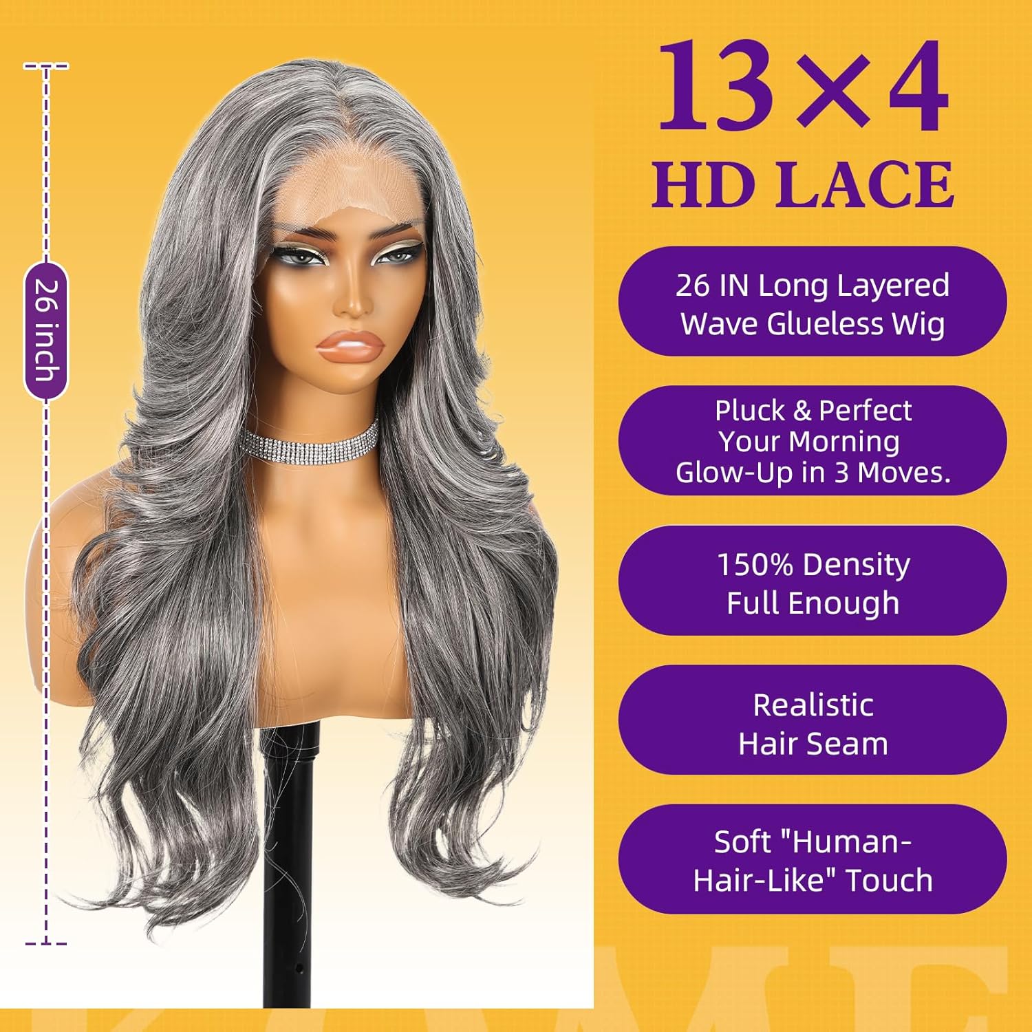 Grey synthetic lace wig, 13x4 high-definition lace long layered wave wig without glue, suitable for women's daily use, 26 inches (approximately 50.6 cm).