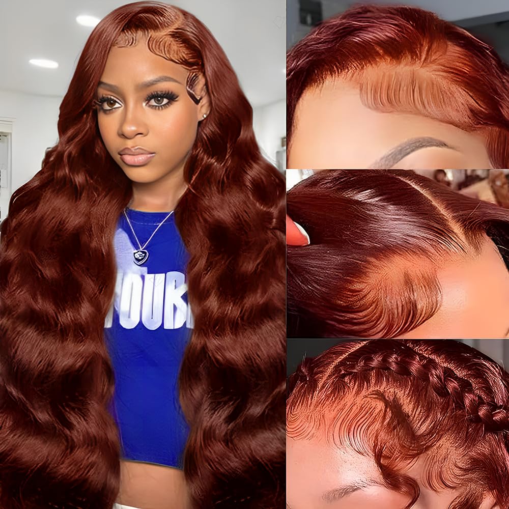 Reddish-brown lace front wig, 28 inches (approx. 50.8 cm), pre-drawn 200% density body wave HD lace front wig, includes baby glue-free wig.