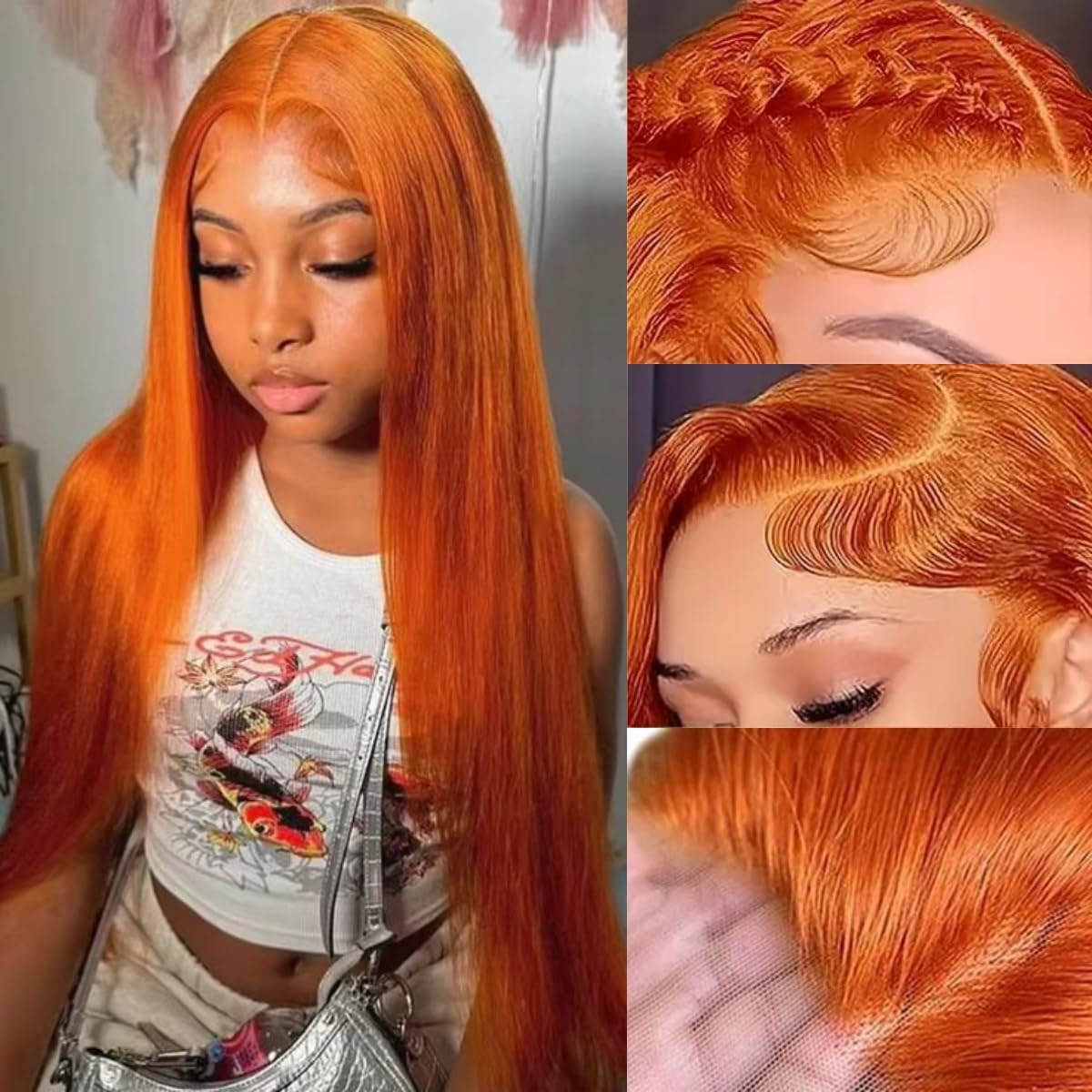 32-inch (approx. 32 cm) ginger-yellow real hair wig, 13x6 cm, lace front wig, 200% real human hair, density 350, colored straight hair, HD transparent lace front wig, Brazilian undyed/unpermed wig.
