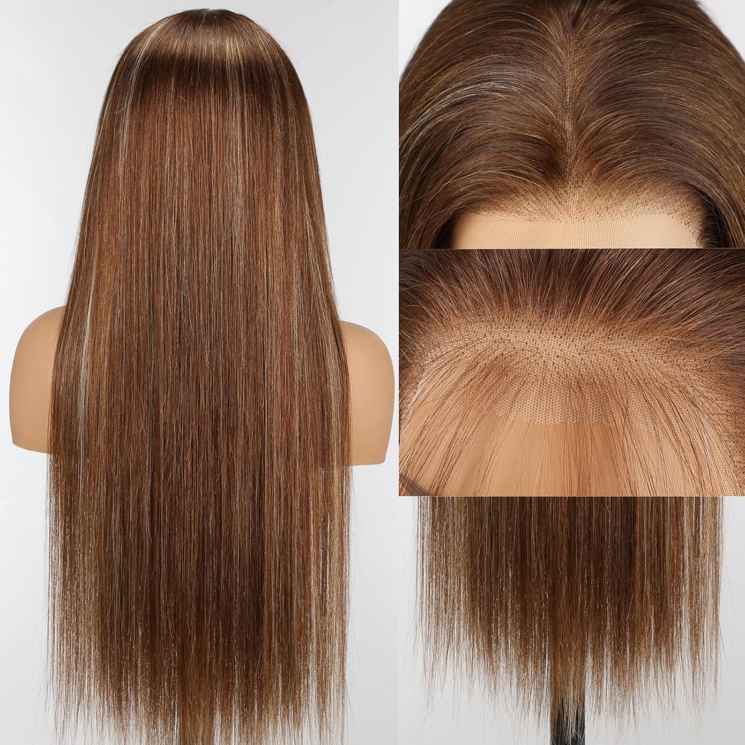 PYH 22-inch 13x4 Straight Front Lace Wig, Real Hair, 220% Pre-Pulled, High Density, High Gloss, HD Front View, Lace Brown Wig #4/613 (Color)