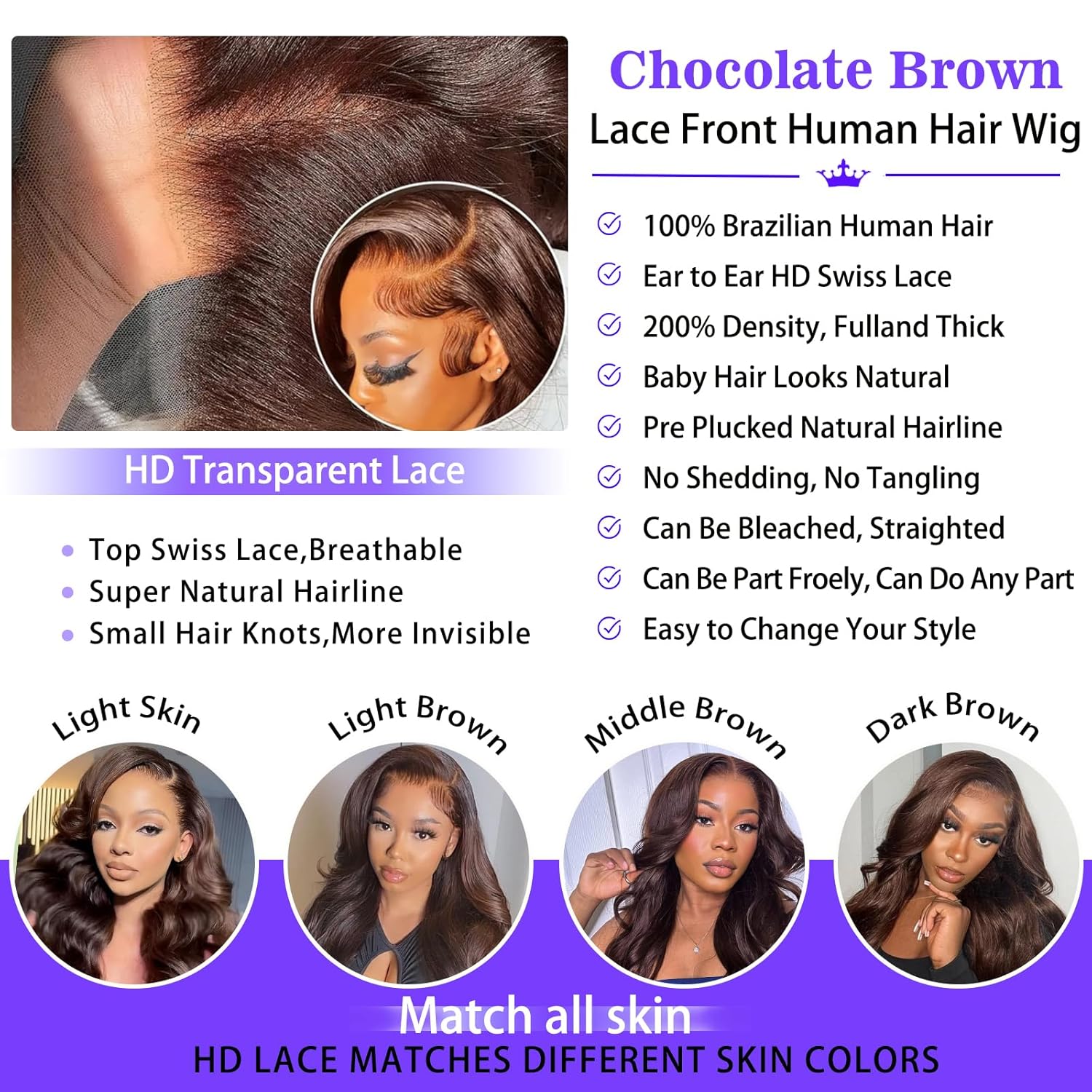 A8 Chocolate Brown Real Hair Wig 200 Density 13X6 Body Wavy Lace Front Wig Real Hair High Definition Forehead Wig Pre-pulled No Glue Brown Lace Front Wig Women's 26 Inch