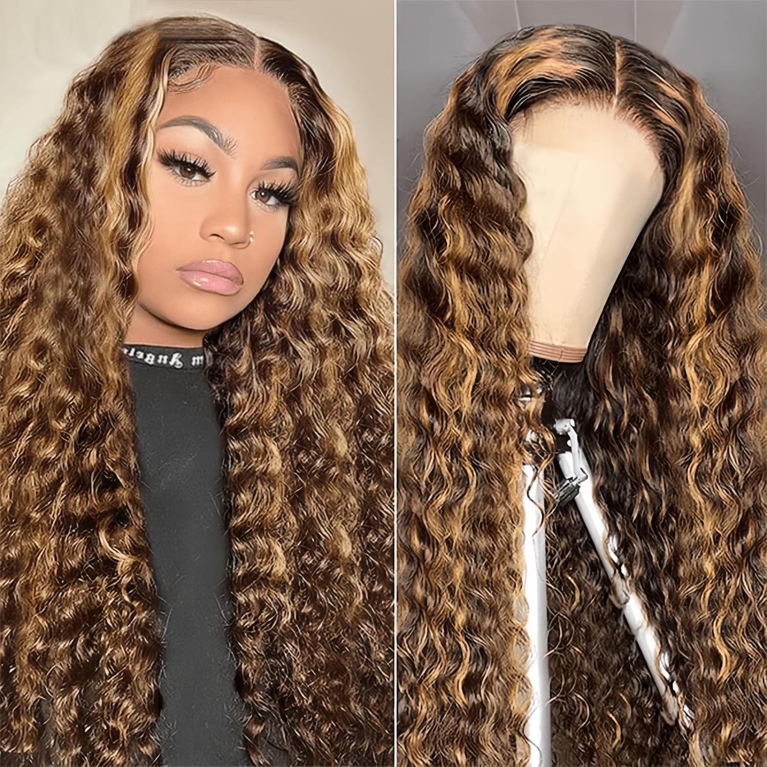 NVL Lace Front Wig, Real Human Hair Pre-plucked Baby Hair 200 Density 13x4 HD Transparent Straight Lace Front Wig, Suitable for Women, Real Hair, No Glue (4/27 High Gloss Deep Wave Lace Front Wig, 22 inches)