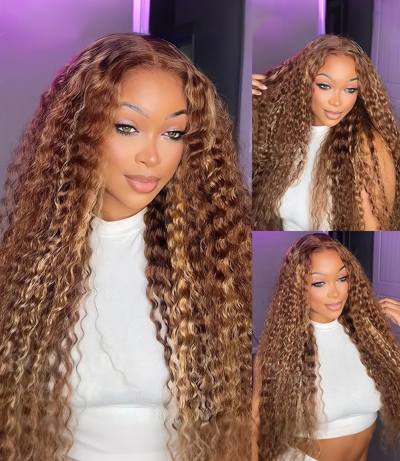Glue-free, pre-cut, high-gloss, gradient deep wave lace front wig, 180mm density, 5x5mm HD lace closure, suitable for Black women, suitable for beginners, 24 inches.