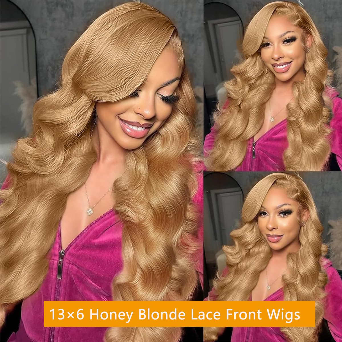 Honey blonde wig, real hair, 13x6 cm, gold lace front wig, real hair pre-plucked #27, colored 200% density HD, wavy lace forehead wig, glue-free, real human hair, 22 inches.