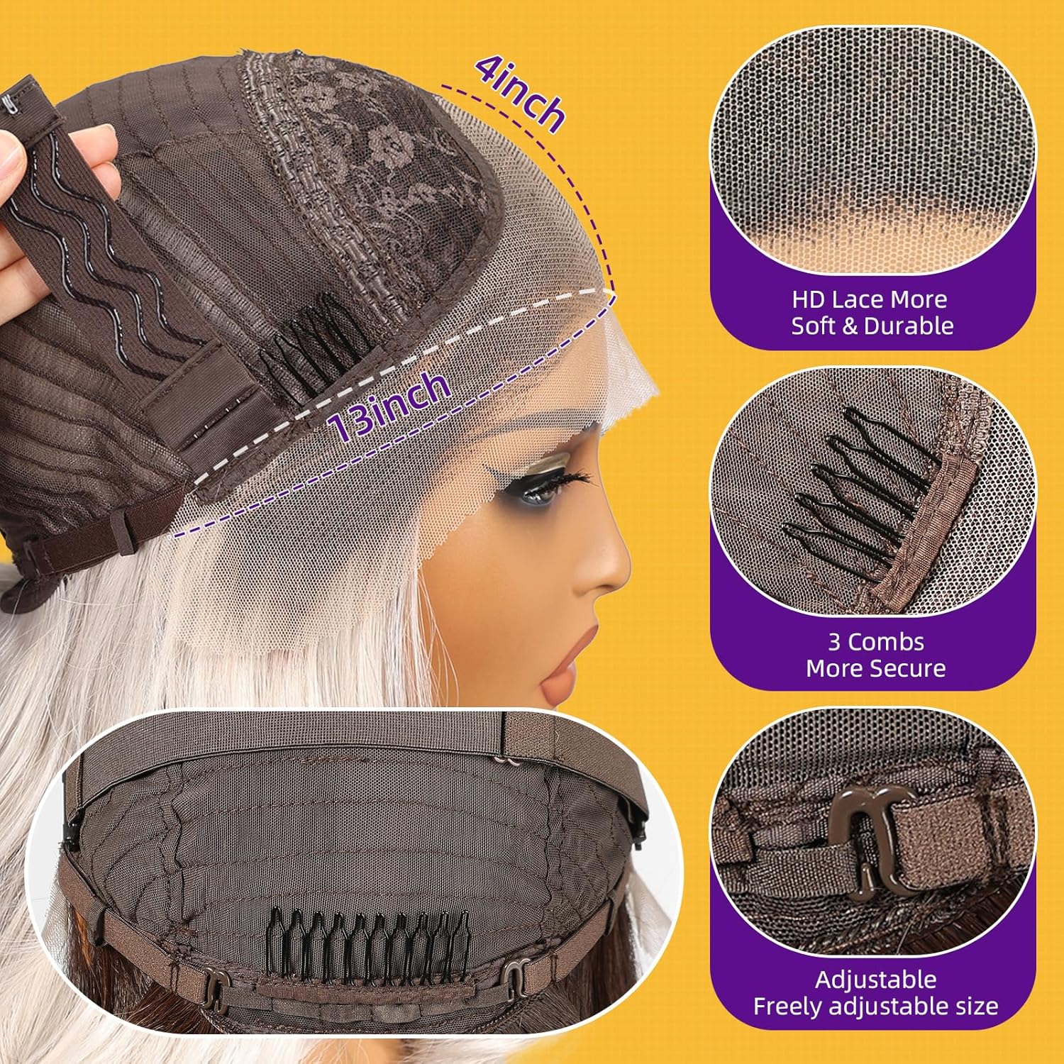 Platinum blonde synthetic lace wig, 13x4 high-definition lace layered wave wig without glue, suitable for women's daily use, 26 inches (approximately 50.6 cm).