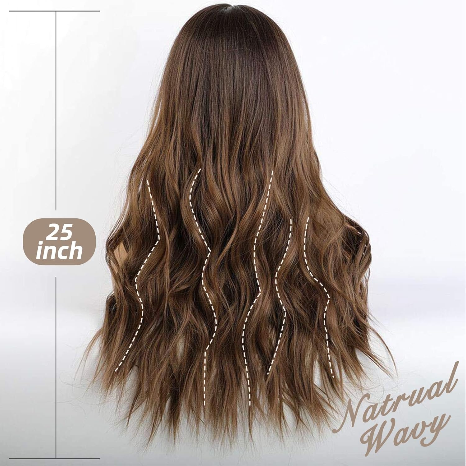 EMMOR Long Brown Lace Wig for Women, 25 Inches (Approx. 50.8 cm), Natural Wavy Synthetic Wig, Mid-Length, Everyday Hair, Hand-Tie/Long-Lasting/Lightweight