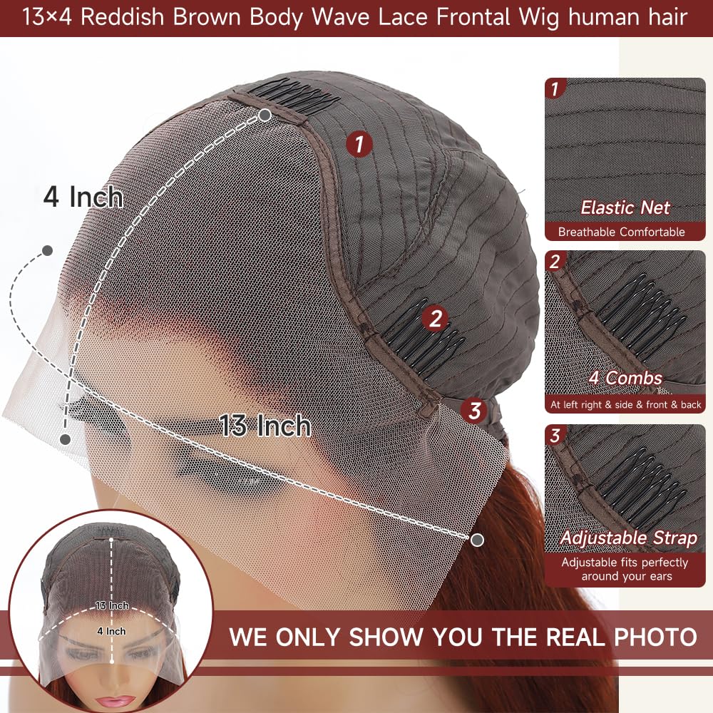 Reddish-brown lace front wig, 28 inches (approx. 50.8 cm), pre-drawn 200% density body wave HD lace front wig, includes baby glue-free wig.