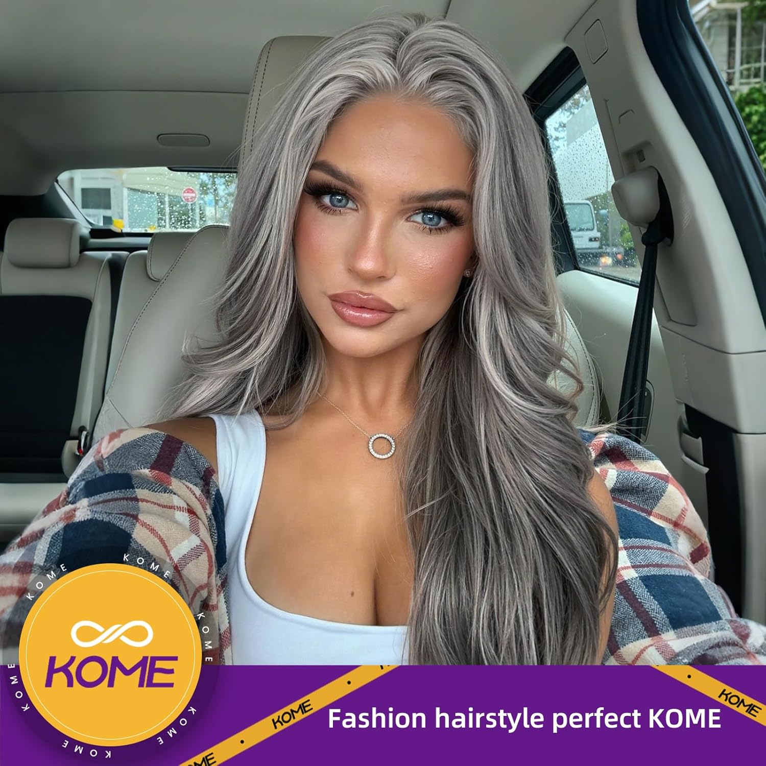 Grey synthetic lace wig, 13x4 high-definition lace long layered wave wig without glue, suitable for women's daily use, 26 inches (approximately 50.6 cm).
