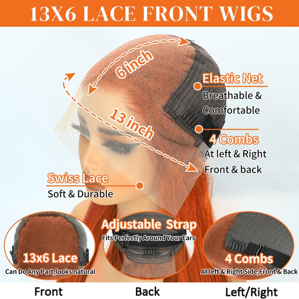 32-inch (approx. 32 cm) ginger-yellow real hair wig, 13x6 cm, lace front wig, 200% real human hair, density 350, colored straight hair, HD transparent lace front wig, Brazilian undyed/unpermed wig.