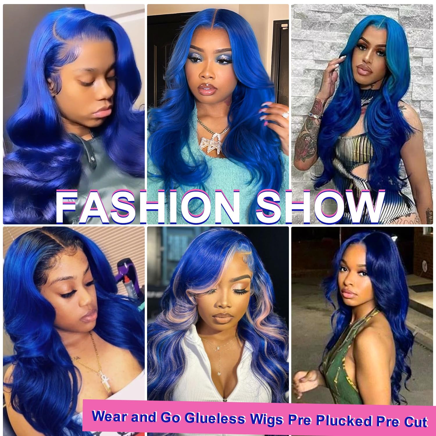 Blue glue-free wig, 200% real hair pre-plucked, dark blue wavy lace front wig, 9x6mm real hair pre-cut, HD transparent lace front colored wig, women's style, 20 inches.