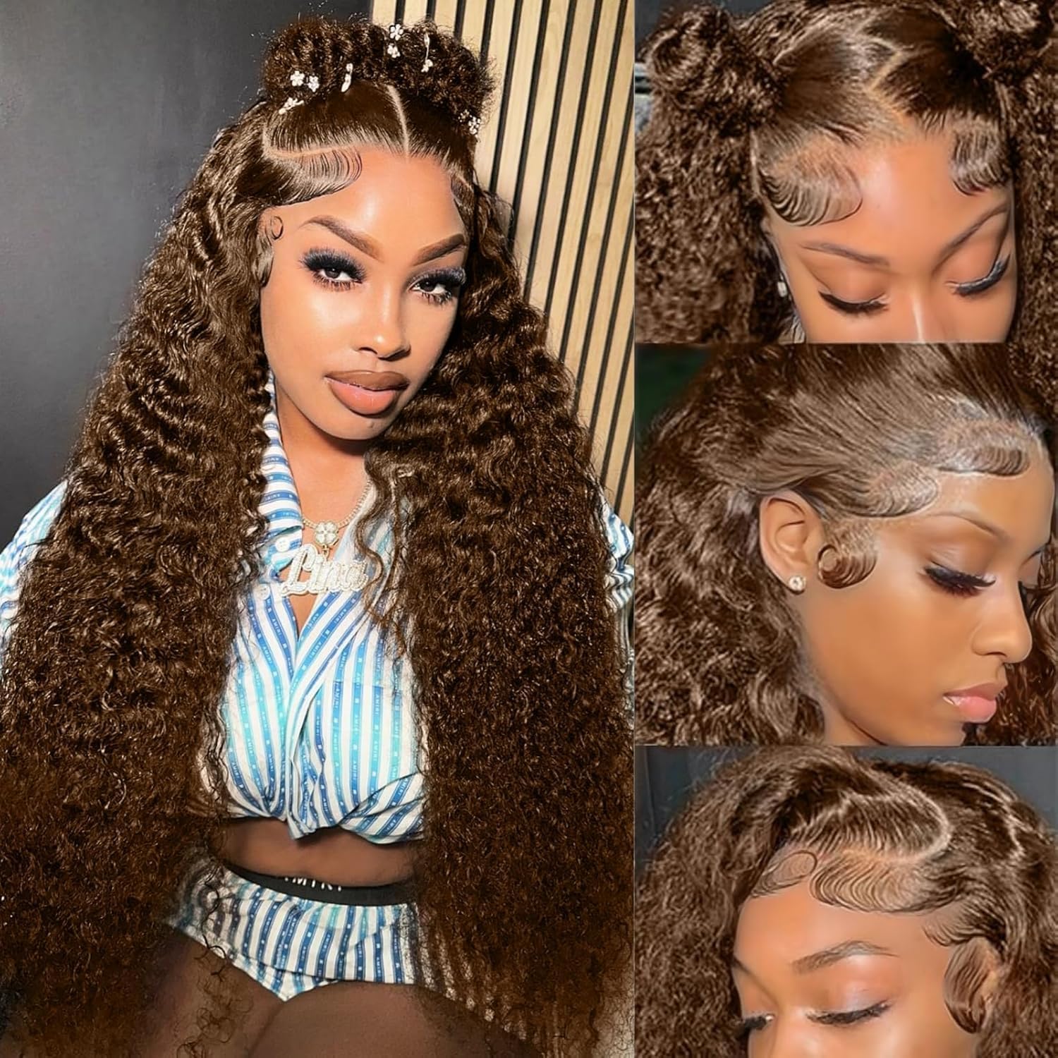 13x6 SKINLIKE True High Definition Lace Front Wig 250% Density Chocolate Brown Deep Curly Lace Front Wig Real Hair 0.10mm Ultra-Thin High Definition Lace Pre-Sampling Baby Hair Brazilian Wig 22 Inches