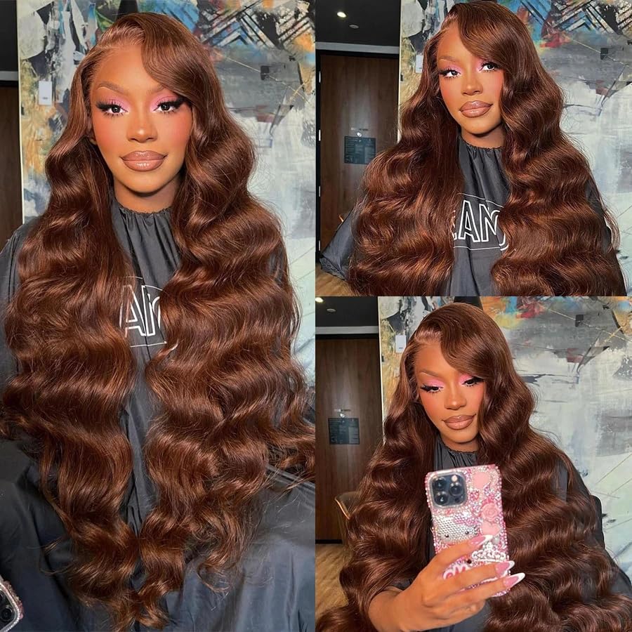 13x6 Chocolate Brown Lace Front Wig, Real Hair, High Definition Transparent Body Wavy Lace Front Wig, Real Hair, Pre-Pulled, 200% Density, Glue-Free, Brown Front Wig, Real Human Hair, 28 Inches