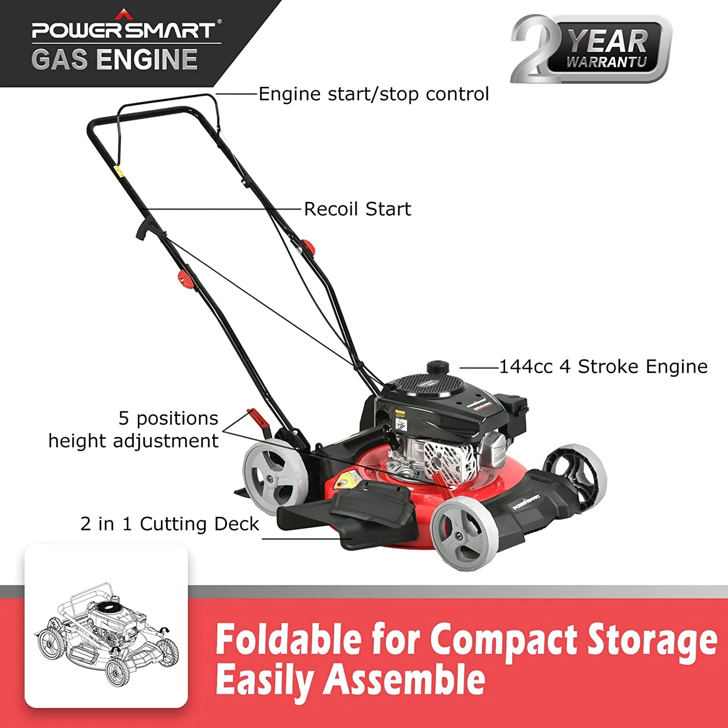 PowerSmart Lawn Mower Gas Powered - 21 Inch, 144CC 4-Stroke Engine, 5 Grass Cutting Heights Adjustable, 2-in-1 Push Mower DB2321CR