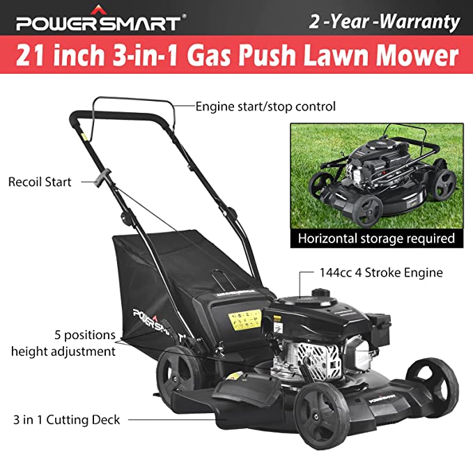PowerSmart Push Lawn Mower Gas Powered - 21 Inch, 170CC 4-Stroke Engine, 3-in-1 Gas Lawn Mower with Bag, 5 Adjustable Heights 1.18 -3