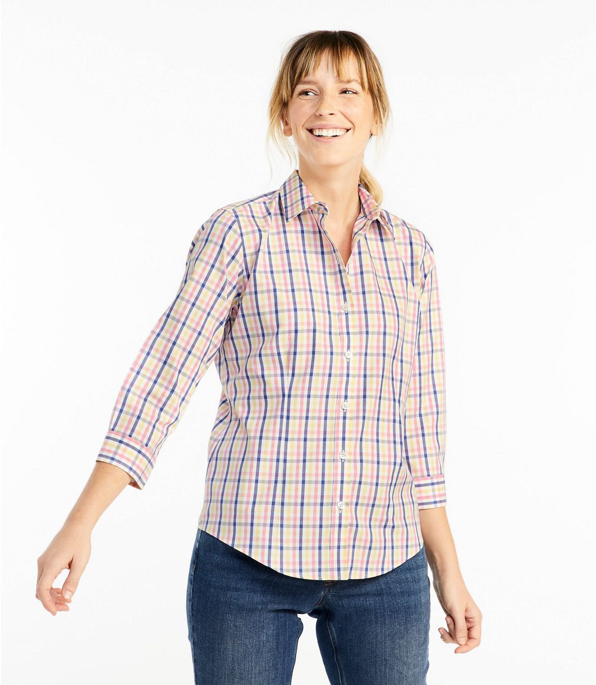 L.L.Bean Women's Wrinkle-Free Pinpoint Oxford Shirt, Three-Quarter-Sleeve Slightly Fitted Plaid